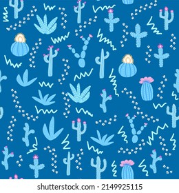 Seamless patterns with different cacti. Bright repeating texture with blue cacti. Background with desert plants