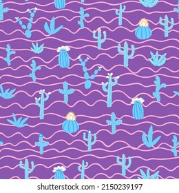 Seamless patterns with different cacti. Bright repeating texture with blue cacti. Background with desert plants