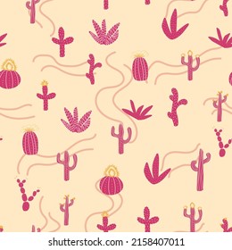 Seamless patterns with different cacti. Bright repeating texture with pink cacti. Background with desert plants