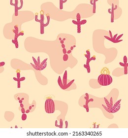 Seamless patterns with different cacti. Bright repeating texture with pink cacti. Background with desert plants
