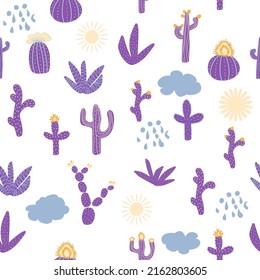 Seamless patterns with different cacti. Vibrant repeating texture with purple cacti. Background with desert plants