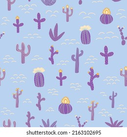 Seamless patterns with different cacti. Vibrant repeating texture with purple cacti. Background with desert plants