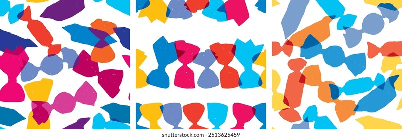 Seamless patterns of different colorful abstract candy silhouettes, vector background, wrapping paper, textile, fabric