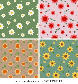 Seamless patterns with different flowers. Floral elements on different backgrounds.