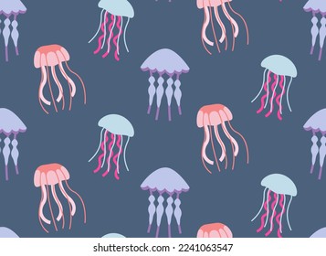 Seamless patterns with different jellyfish. Beautiful underwater world texture in flat style.