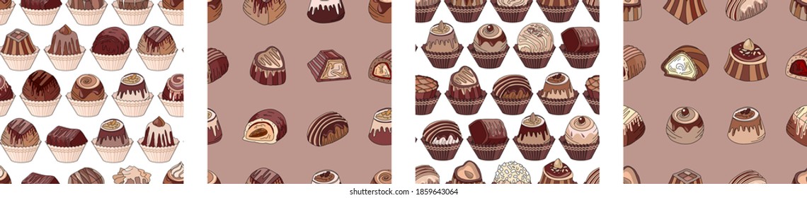 Seamless patterns with different kinds of chocolate candies - milk,dark,white chocolate.  Endless textures for your design, announcements, cards, posters, restaurant menu.