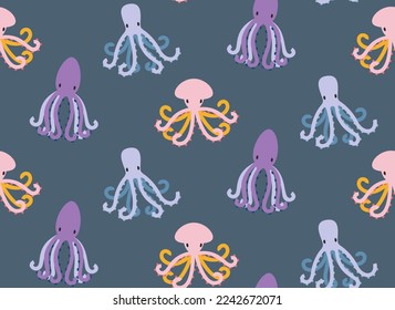 Seamless patterns with different octopuses. Beautiful underwater world texture in flat style.