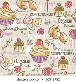 Seamless Patterns with different sweetmeats
Background with cupcake, croissant, cake and bonbon.
Ideal for printing onto fabric and paper or scrap booking.