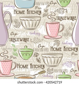 Seamless Patterns with different tableware,flower, cup, 
pan and text.
Ideal for printing onto fabric and paper or scrap booking.