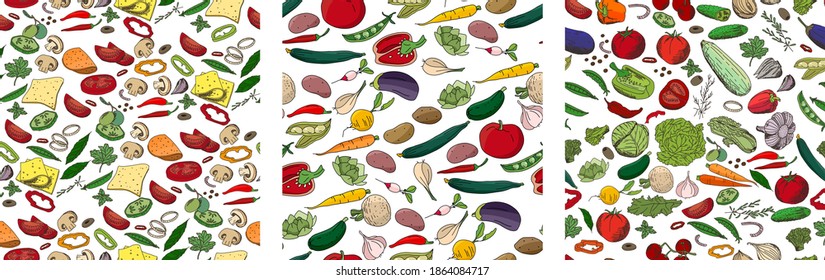 Seamless patterns with different vegetables. Endless textures with season cucumbers,tomatoes and pepper.