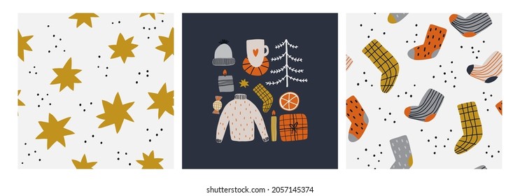 Seamless patterns with different winter clothes and Christmas symbols. Cozy background. 
Hand draw vector collection of Christmas winter symbols.