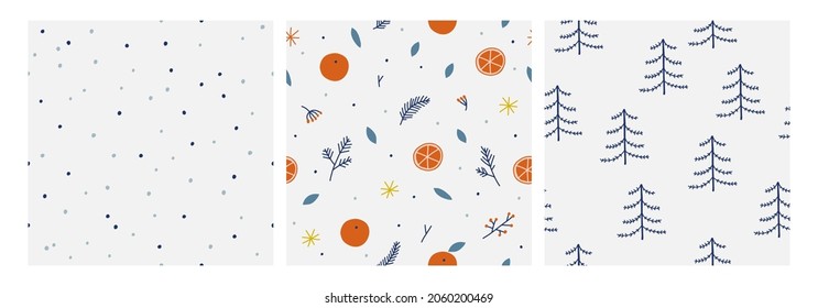 Seamless patterns with different winter clothes and Christmas symbols. Cozy background. 
Hand draw vector collection of Christmas winter symbols.
