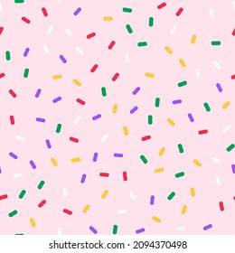 Seamless patterns of donut glaze with many decorative sprinkles. Donut glaze pastry elements. Vector illustration.