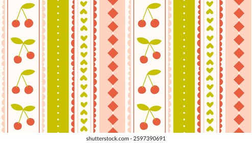 Seamless patterns with doodle cherry, hearts and geometric shapes.Trendy vertical stripe background. Hand drawn vector illustration. Easter spring wrapping paper, social media cottagecore print.