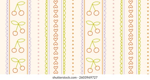 Seamless patterns with doodle cherry, hearts and geometric shapes.Trendy vertical stripe background. Hand drawn vector illustration. Easter spring wrapping paper, social media cottagecore print.
