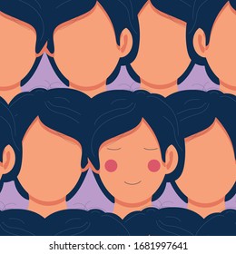 Seamless patterns with doodle woman isolated on light violet background. Vector stock illustration in flat cartoon style for wallpaper, fabric print, for paper, cover, interior decor.