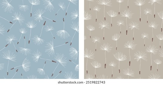 Seamless patterns of drawn dandelions seeds flying, background, wallpaper, paper, textile, vector illustration