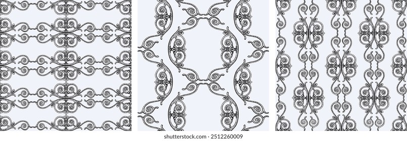 Seamless patterns of drawn vintage decorative design elements, vector ornate backgrounds, wallpaper, paper, textile