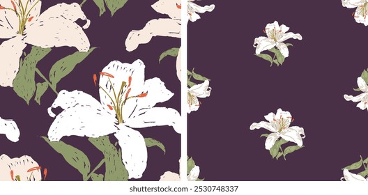 Seamless patterns of drawn white garden lily flowers, floral backgrounds, textile, wallpaper, fabric, vector illustration