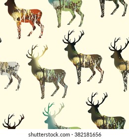 Seamless patterns with Drawn wood in deer silhouette. Hand drawn vector illustration. Concept of winter, spring, summer and autumn landscapes. Deer set.