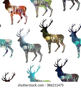 Seamless patterns with Drawn wood in deer silhouette. Hand drawn vector illustration. Concept of winter, spring, summer and autumn landscapes. Deer set.