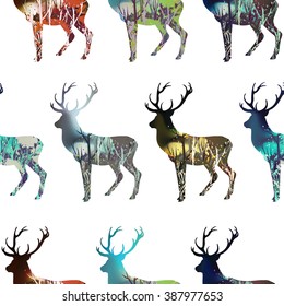 Seamless patterns with Drawn wood in deer silhouette. Hand drawn vector illustration. Concept of winter, spring, summer and autumn landscapes. Deer set.