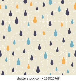 Seamless patterns of drops and umbrellas. Kid's elements for scrap-booking. Childish background. Hand drawn vector illustration.