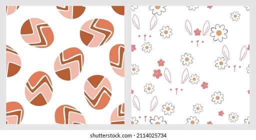 Seamless patterns with Easter eggs, daisy flower, rabbit cartoons on white backgrounds vector illustration.