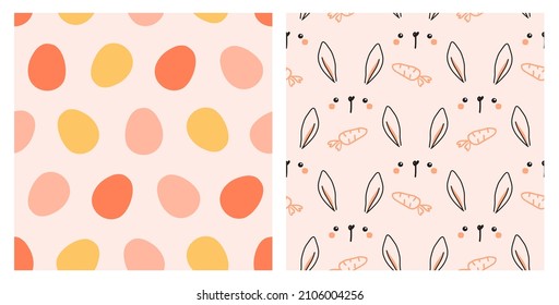 Seamless patterns with Easter eggs, rabbit cartoon and carrots on pink backgrounds vector illustration. Happy Easter day.