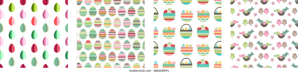 Seamless patterns with easter symbols,eggs and birds. Collection with endless textures