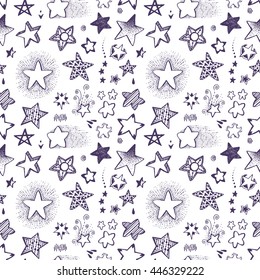 Seamless patterns, endless background. Doodle stars set, black and white collection with decorative abstract and geometrical elements. Monochrome Hand drawn vector illustration.