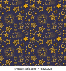 Seamless patterns, endless background. Doodle gold stars set, sketch golden collection with decorative abstract and geometrical elements. Monochrome Hand drawn vector illustration.