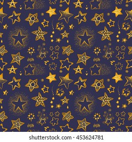 Seamless patterns, endless background. Doodle gold stars set, sketch golden collection with decorative abstract and geometrical elements. Monochrome Hand drawn vector illustration.