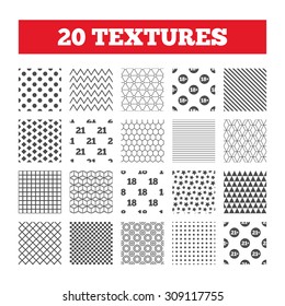 Seamless patterns. Endless textures. Adult content icons. Eighteen and twenty-one plus years sign symbols. Geometric tiles, rhombus. Vector