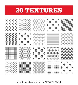Seamless patterns. Endless textures. Arrow icons. Next navigation arrowhead signs. Direction symbols. Geometric tiles, rhombus. Vector