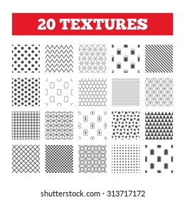 Seamless patterns. Endless textures. Battery charging icons. Electricity signs symbols. Charge levels: full, empty. Geometric tiles, rhombus. Vector