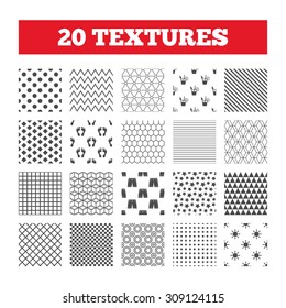 Seamless patterns. Endless textures. Beach holidays icons. Cocktail, human footprints and swimming trunks signs. Summer sun symbol. Geometric tiles, rhombus. Vector
