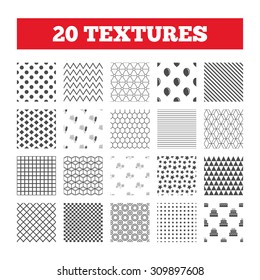 Seamless patterns. Endless textures. Birthday party icons. Cake and gift box signs. Air balloon and fireworks symbol. Geometric tiles, rhombus. Vector