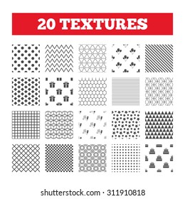 Seamless patterns. Endless textures. Birthday party icons. Cake and gift box signs. Air balloons and fireworks symbol. Geometric tiles, rhombus. Vector