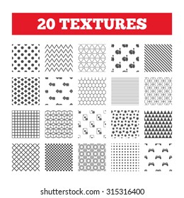 Seamless patterns. Endless textures. Bowling and Casino icons. Video game joystick and playing card with dice symbols. Entertainment signs. Geometric tiles, rhombus. Vector
