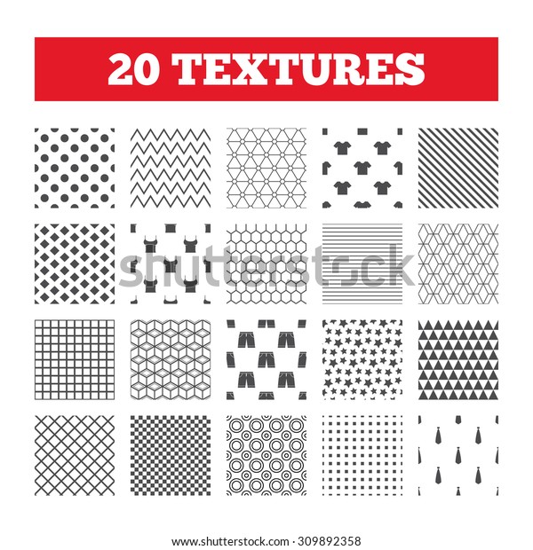 Seamless patterns. Endless textures. Clothes\
icons. T-shirt and bermuda shorts signs. Business tie symbol.\
Geometric tiles, rhombus.\
Vector