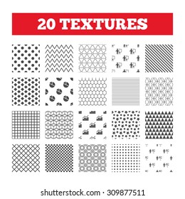 Seamless patterns. Endless textures. Diagram graph Pie chart icon. Presentation billboard symbol. Man standing with pointer sign. Geometric tiles, rhombus. Vector