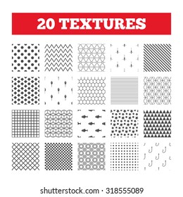 Seamless patterns. Endless textures. Fishing icons. Fish with fishermen hook sign. Float bobber symbol. Geometric tiles, rhombus. Vector
