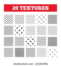 Seamless patterns. Endless textures. Food icons. Muffin cupcake symbol. Fork and knife sign. Glass of champagne or wine. Slice of cheese. Geometric tiles, rhombus. Vector