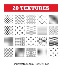 Seamless patterns. Endless textures. Food and drink icons. Muffin cupcake symbol. Fork and knife sign. Hot coffee cup. Food platter serving. Geometric tiles, rhombus. Vector