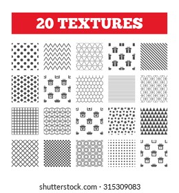 Seamless patterns. Endless textures. Gift box sign icons. Present with bow and ribbons symbols. Engagement ring sign. Video game joystick. Geometric tiles, rhombus. Vector
