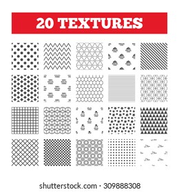 Seamless patterns. Endless textures. Halal food icons. 100% natural meal symbols. Chef hat with spoon and fork sign. Natural muslims food. Geometric tiles, rhombus. Vector