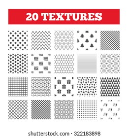 Seamless patterns. Endless textures. Happy new year icon. Christmas tree and gift box signs. Fireworks rocket symbol. Geometric tiles, rhombus. Vector