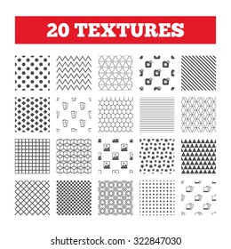 Seamless patterns. Endless textures. Hipster photo camera icon. Flash light symbol. Photo booth strips sign. Landscape photo frame. Geometric tiles, rhombus. Vector
