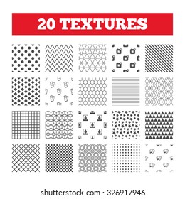 Seamless patterns. Endless textures. Hipster photo camera icon. Flash light symbol. Photo booth strips sign. Human portrait photo frame. Geometric tiles, rhombus. Vector